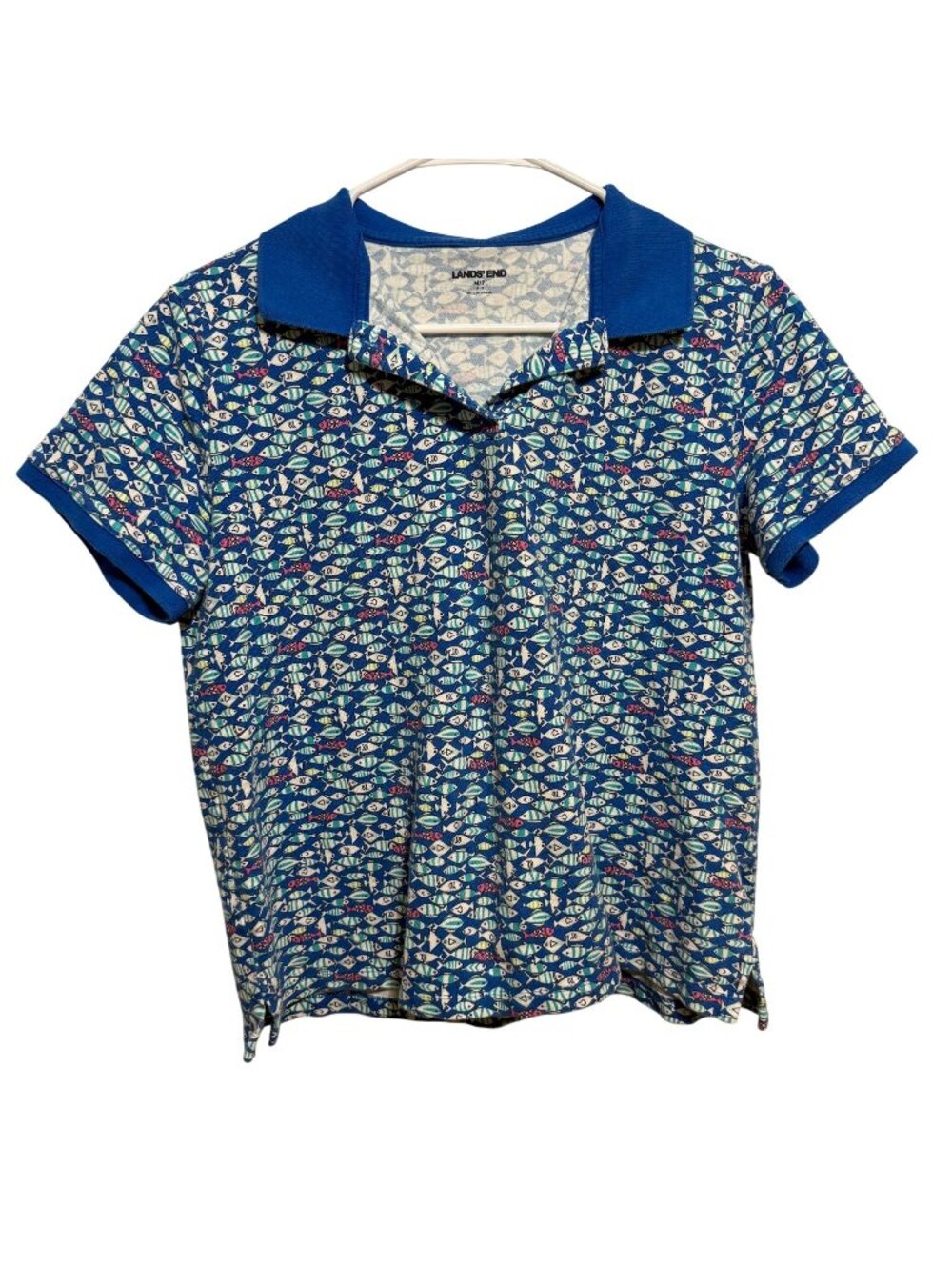 Lands End Polo Shirt Women's M Petite 10-12 Fish Print Short Sleeve Blue